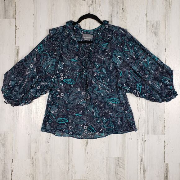 By Anthropologie Sheer Ruffle Lace-Up Haida Peasant Blouse Women's Size Small - Picture 1 of 16